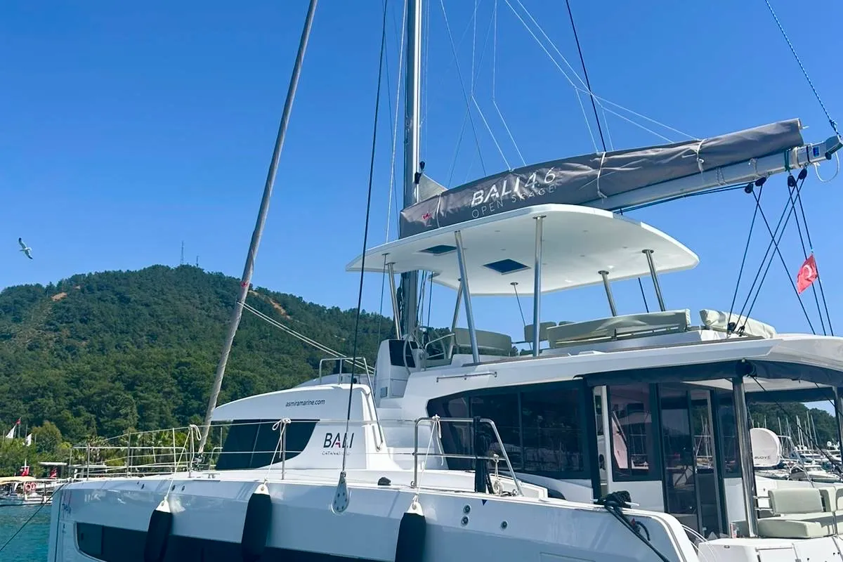 Exterior view of Amelia, a Bali 4.6 catamaran at Fethiye, Turkey