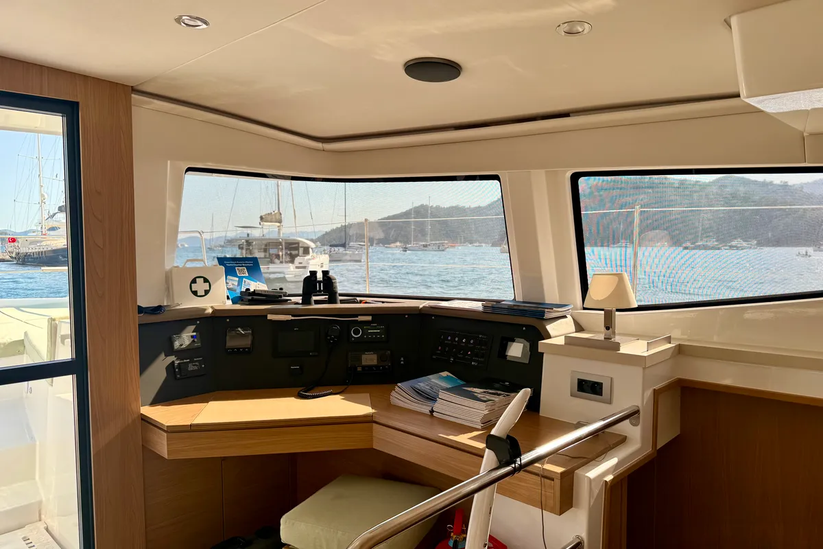 Cockpit of Amelia, a Bali 4.6 catamaran at Fethiye, Turkey