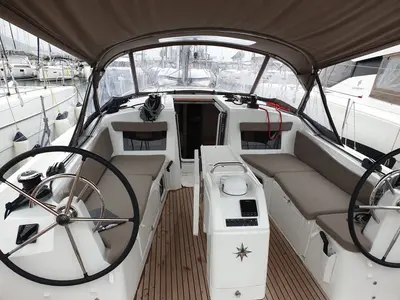 Cockpit of Jutisa, a Jeanneau Sun Odyssey 410 sailboat at Grad Pula, Croatia
