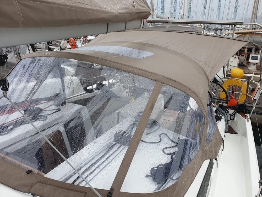 Deck of Jutisa, a Jeanneau Sun Odyssey 410 sailboat at Grad Pula, Croatia