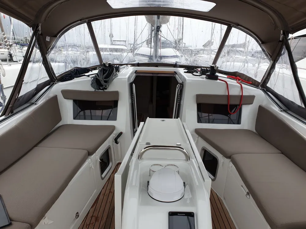 Deck of Jutisa, a Jeanneau Sun Odyssey 410 sailboat at Grad Pula, Croatia