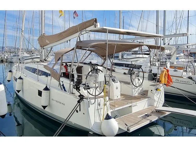 Exterior view of Jutisa, a Jeanneau Sun Odyssey 410 sailboat at Grad Pula, Croatia