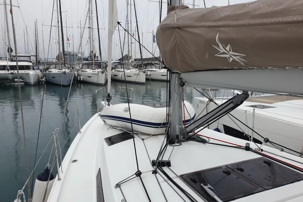 Deck of Jutisa, a Jeanneau Sun Odyssey 410 sailboat at Grad Pula, Croatia