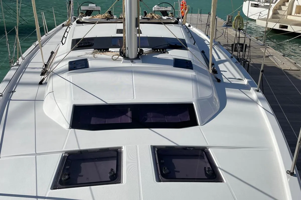 Deck of Egusa, a Dufour 470 sailboat at Cagliari, Italy