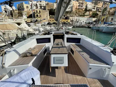 Deck of Egusa, a Dufour 470 sailboat at Cagliari, Italy