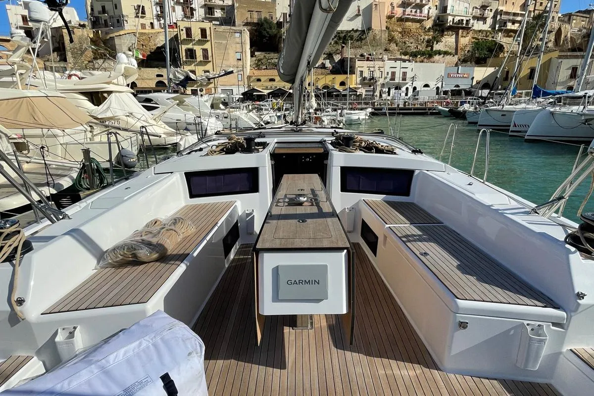 Deck of Egusa, a Dufour 470 sailboat at Cagliari, Italy