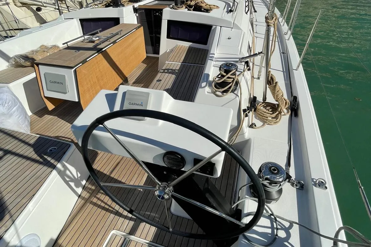 Cockpit of Egusa, a Dufour 470 sailboat at Cagliari, Italy