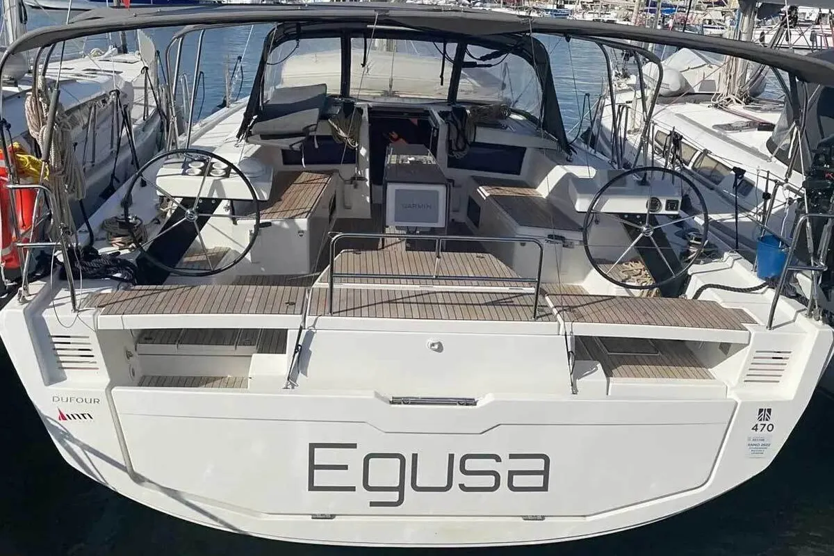 Exterior view of Egusa, a Dufour 470 sailboat at Cagliari, Italy