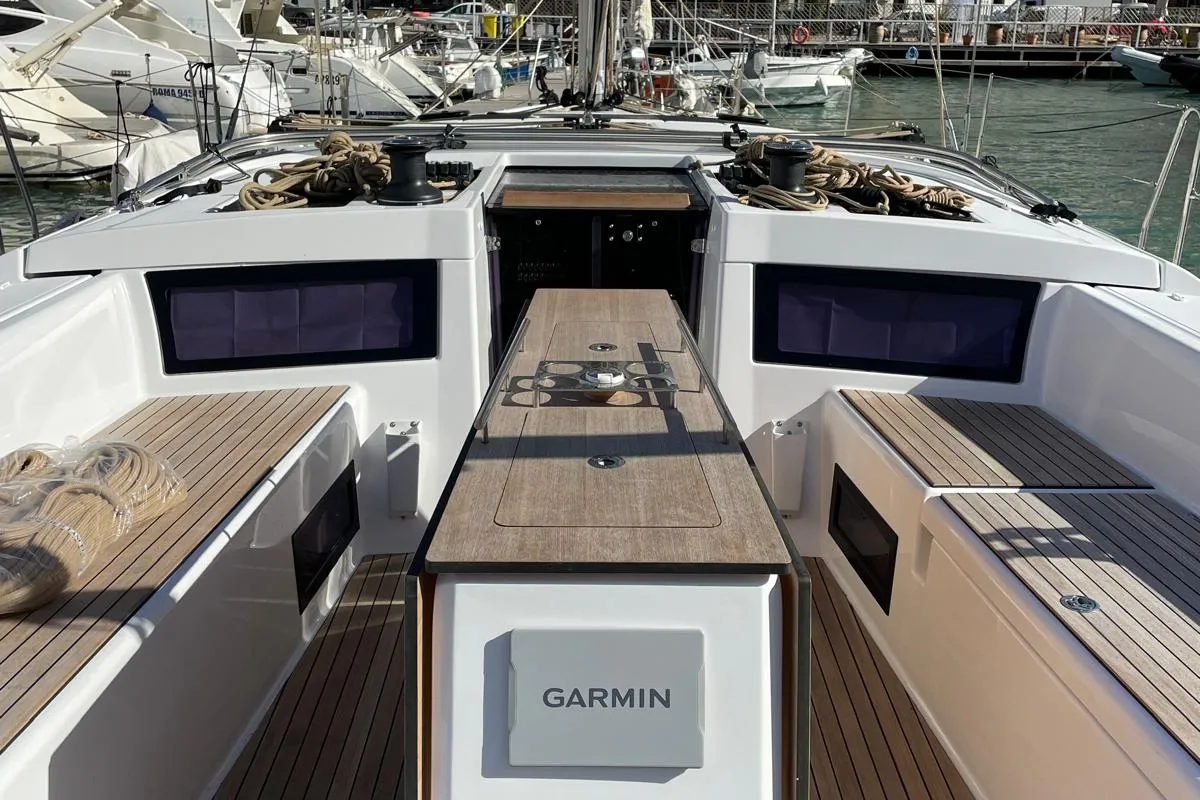 Deck of Egusa, a Dufour 470 sailboat at Cagliari, Italy