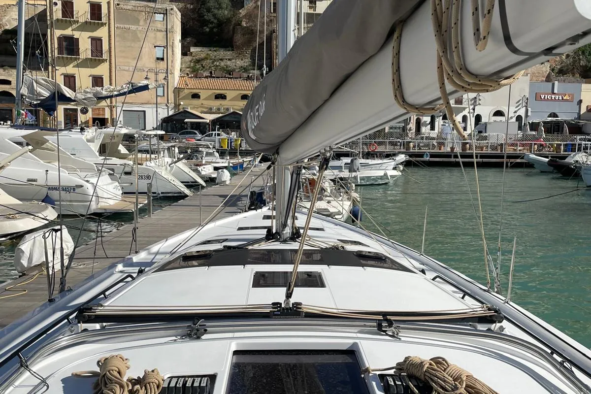 Deck of Egusa, a Dufour 470 sailboat at Cagliari, Italy