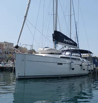 Exterior view of Ti Tengo D'okkio, a Bavaria Cruiser 46 sailboat at Procida, Italy