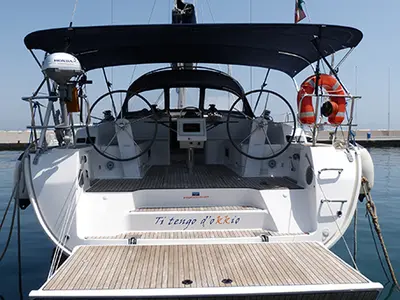 Cockpit of Ti Tengo D'okkio, a Bavaria Cruiser 46 sailboat at Procida, Italy