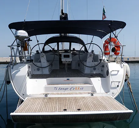 Cockpit of Ti Tengo D'okkio, a Bavaria Cruiser 46 sailboat at Procida, Italy