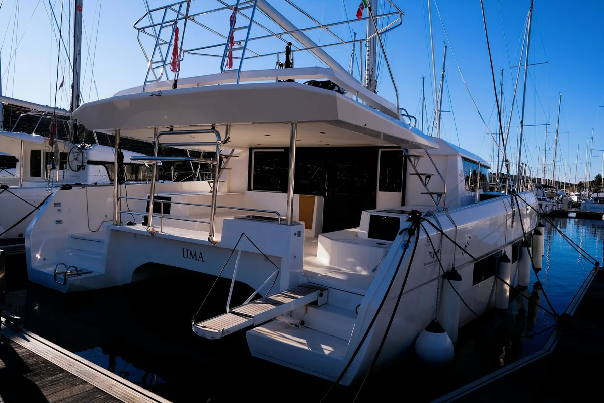 Exterior view of Uma, a Dufour 48 Catamaran catamaran at Primošten, Croatia