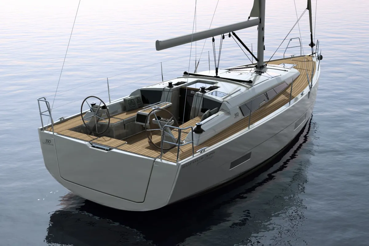 Exterior view of Martini, a Dufour 390 sailboat at Athens, Greece