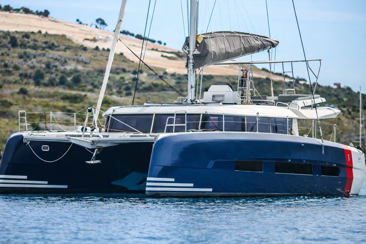 Exterior view of Roy, a Dufour 48 Catamaran catamaran at Primošten, Croatia