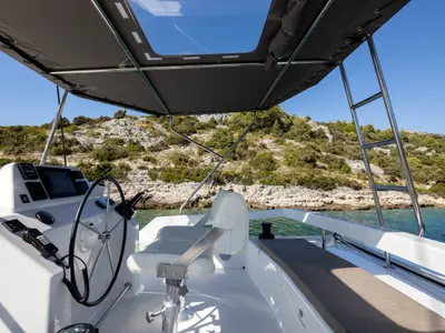 Cockpit of Roy, a Dufour 48 Catamaran catamaran at Primošten, Croatia