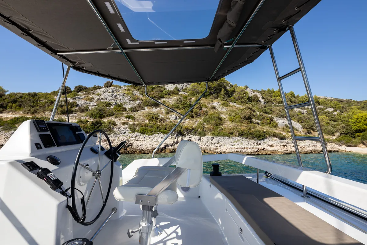 Cockpit of Roy, a Dufour 48 Catamaran catamaran at Primošten, Croatia