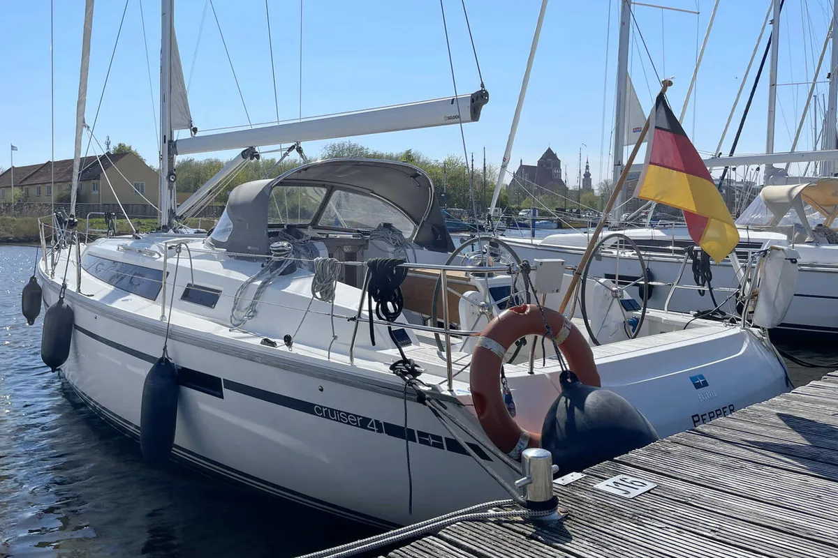 Exterior view of Pepper, a Bavaria Cruiser 41 sailboat at Barth, Germany