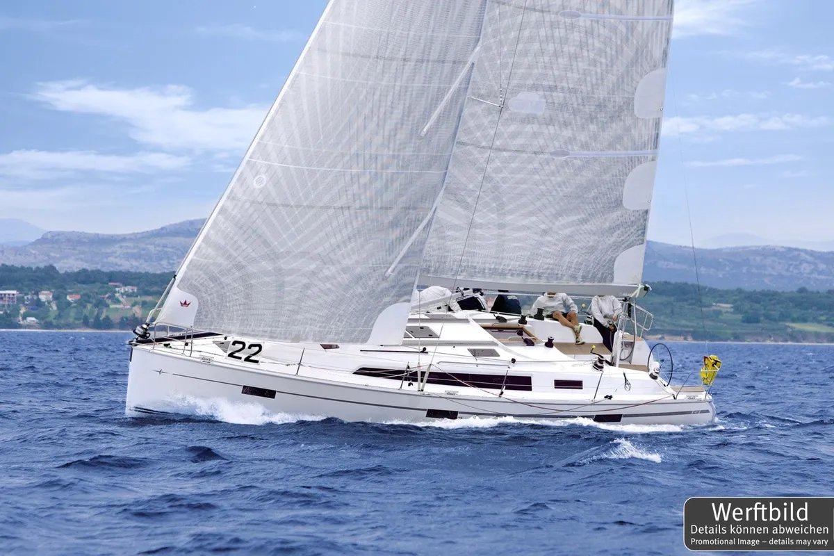 Exterior view of Aquila, a Bavaria Cruiser 41 sailboat at Heiligenhafen, Germany