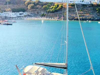 Deck of Rhodes Yachting, a Beneteau Cyclades 39.3 sailboat at Municipal Unit of Rhodes, Greece