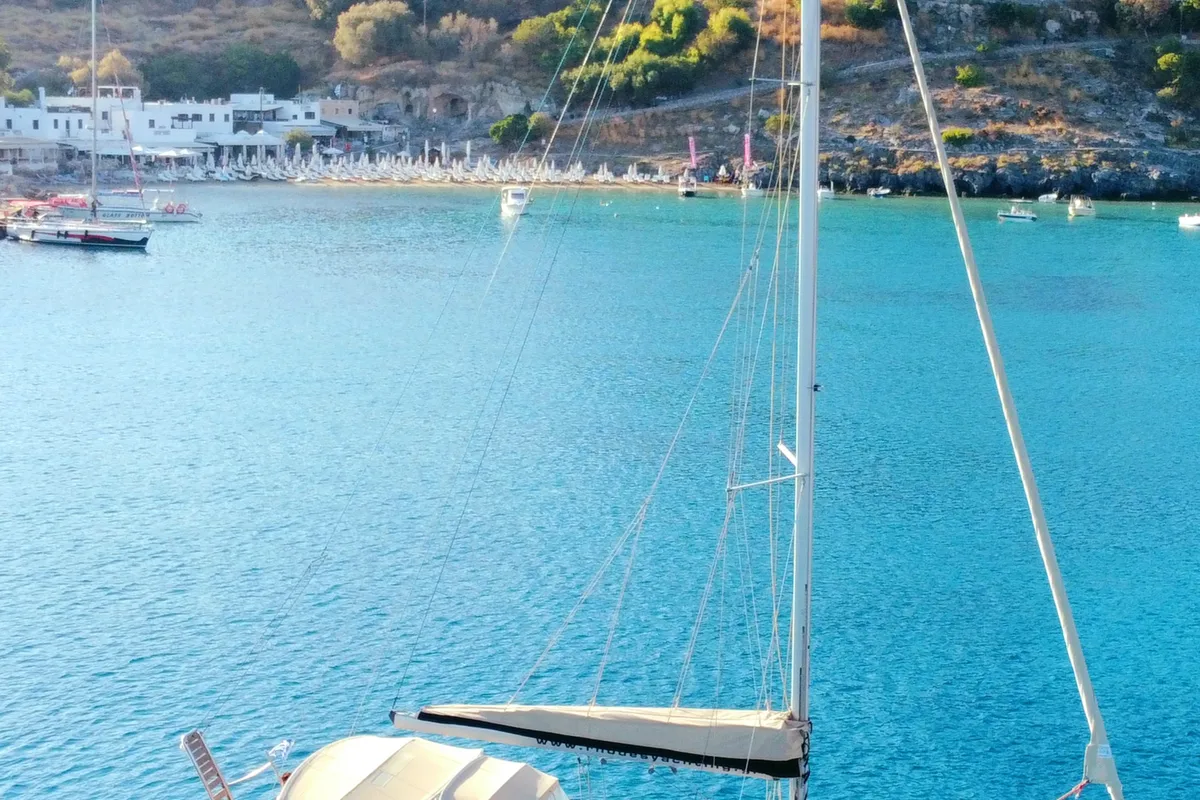 Deck of Rhodes Yachting, a Beneteau Cyclades 39.3 sailboat at Municipal Unit of Rhodes, Greece
