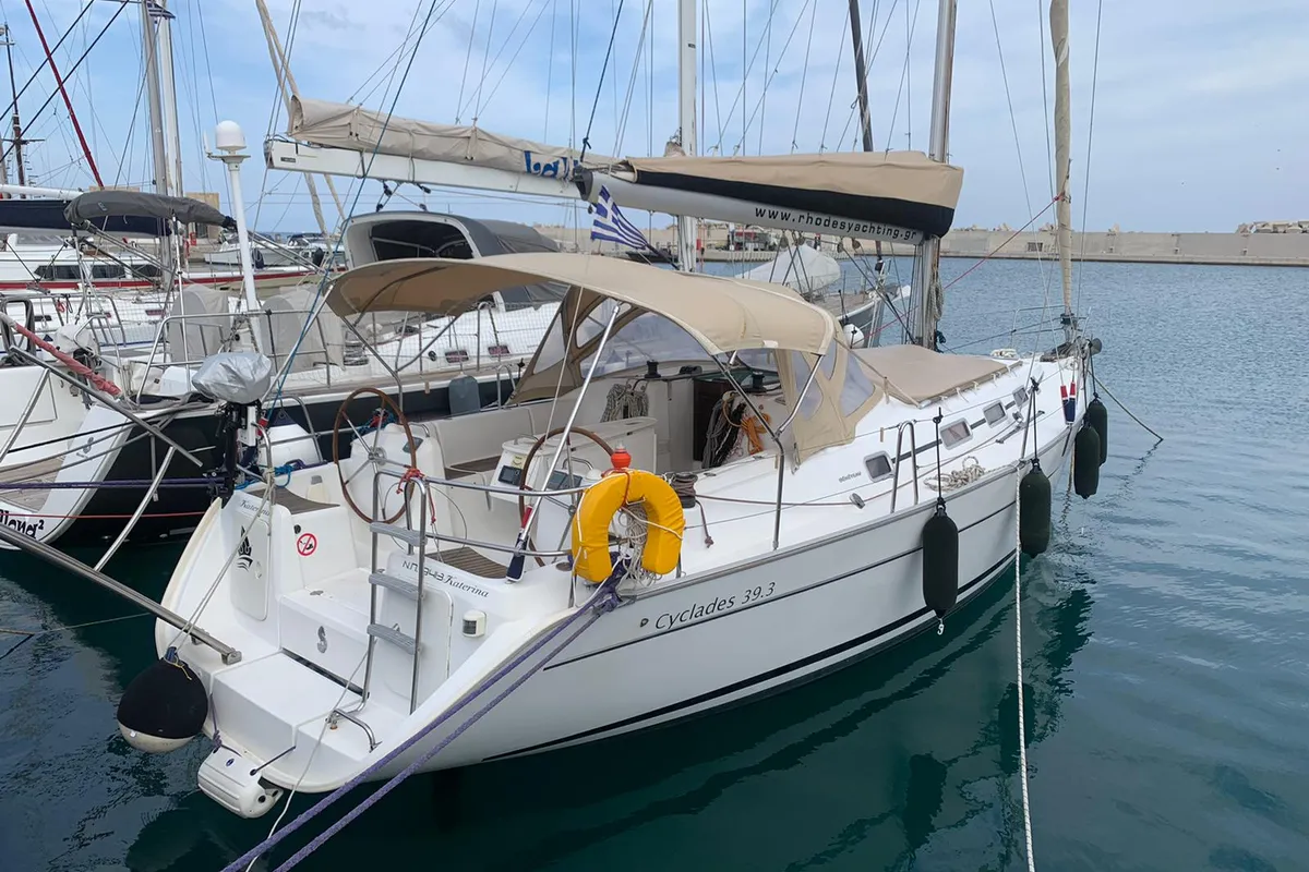 Exterior view of Rhodes Yachting, a Beneteau Cyclades 39.3 sailboat at Municipal Unit of Rhodes, Greece