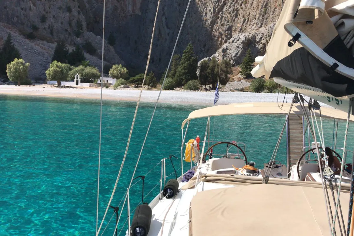Deck of Rhodes Yachting, a Beneteau Cyclades 39.3 sailboat at Municipal Unit of Rhodes, Greece