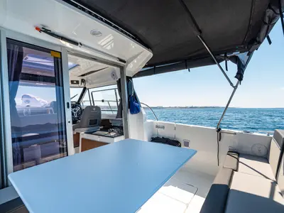 Deck of Klapa, a Jeanneau Merry Fisher 795 motorboat at Municipality of Novigrad, Croatia