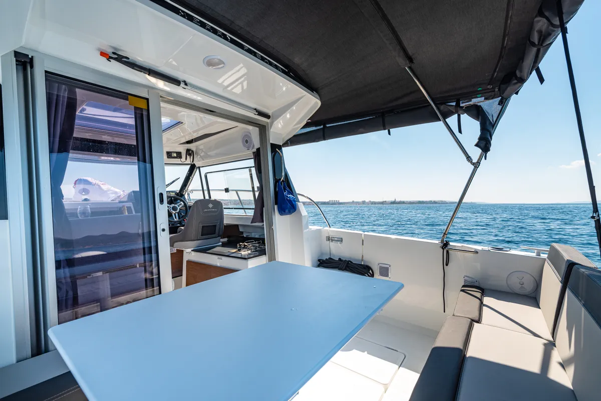 Deck of Klapa, a Jeanneau Merry Fisher 795 motorboat at Municipality of Novigrad, Croatia