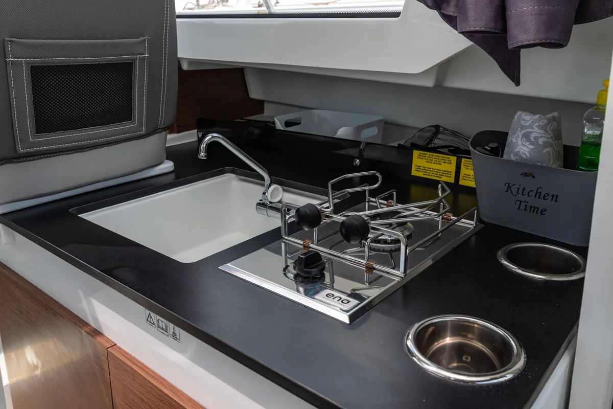 Galley of Klapa, a Jeanneau Merry Fisher 795 motorboat at Municipality of Novigrad, Croatia