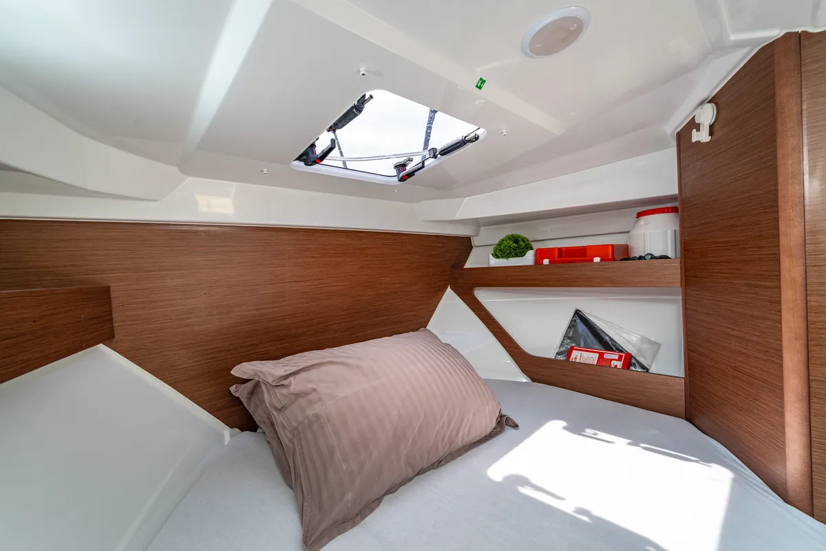 Cabin on Klapa, a Jeanneau Merry Fisher 795 motorboat at Municipality of Novigrad, Croatia
