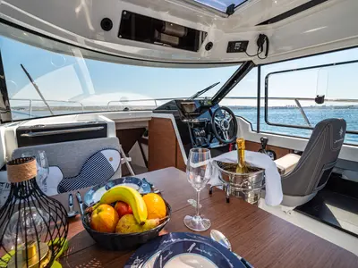 Cockpit of Klapa, a Jeanneau Merry Fisher 795 motorboat at Municipality of Novigrad, Croatia