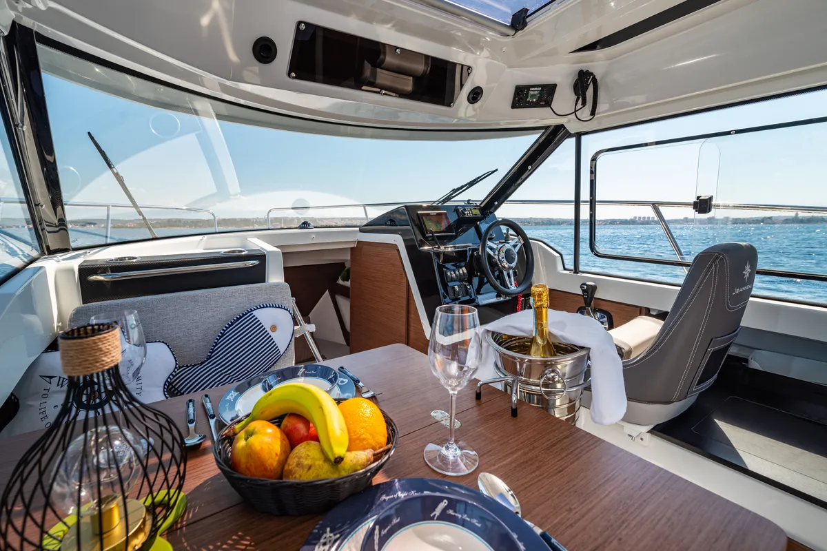 Cockpit of Klapa, a Jeanneau Merry Fisher 795 motorboat at Municipality of Novigrad, Croatia