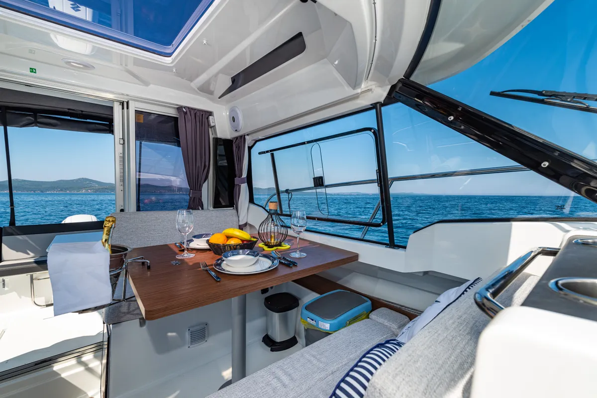 Salon of Klapa, a Jeanneau Merry Fisher 795 motorboat at Municipality of Novigrad, Croatia