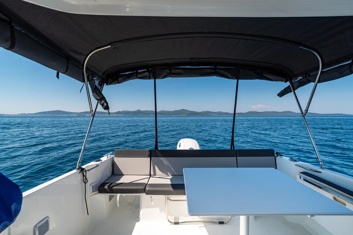 Deck of Klapa, a Jeanneau Merry Fisher 795 motorboat at Municipality of Novigrad, Croatia