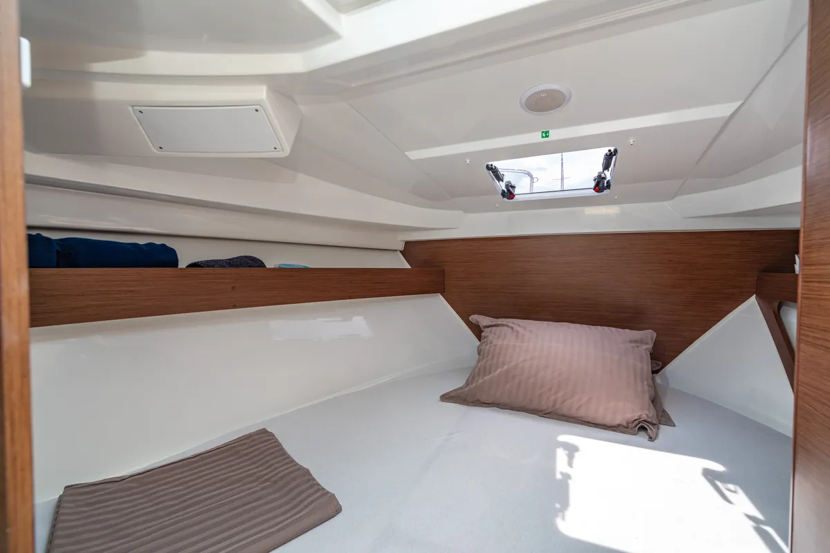 Cabin on Klapa, a Jeanneau Merry Fisher 795 motorboat at Municipality of Novigrad, Croatia
