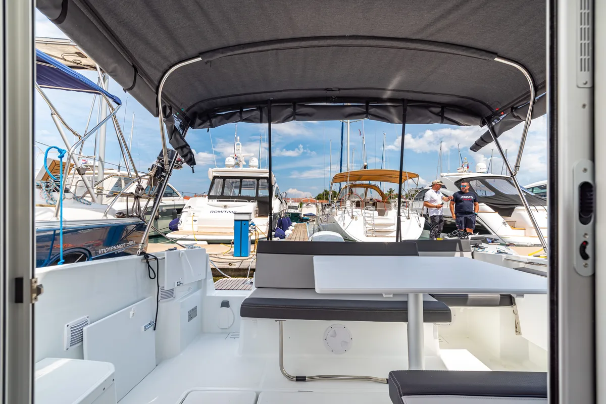 Deck of Klapa, a Jeanneau Merry Fisher 795 motorboat at Municipality of Novigrad, Croatia