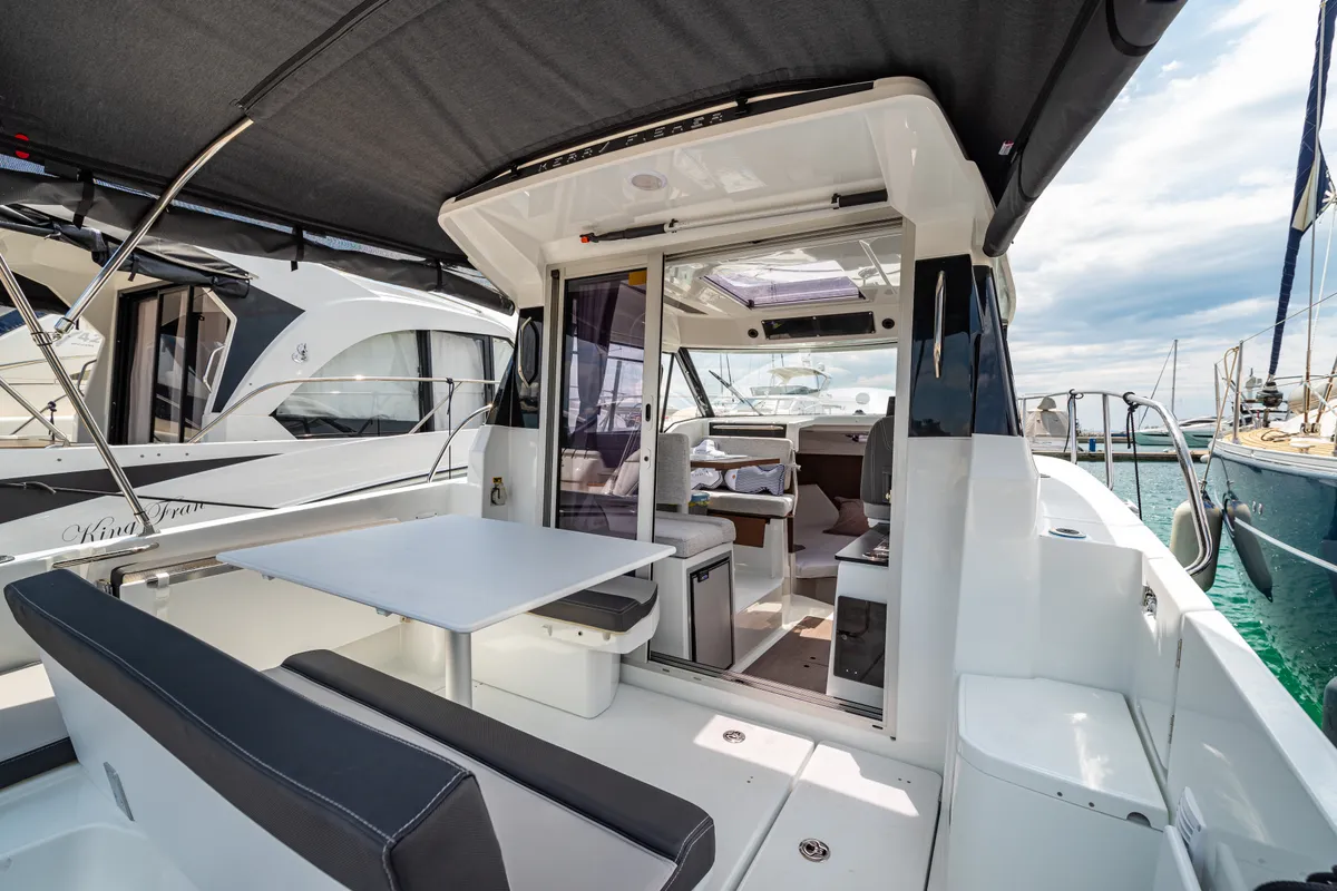Deck of Klapa, a Jeanneau Merry Fisher 795 motorboat at Municipality of Novigrad, Croatia