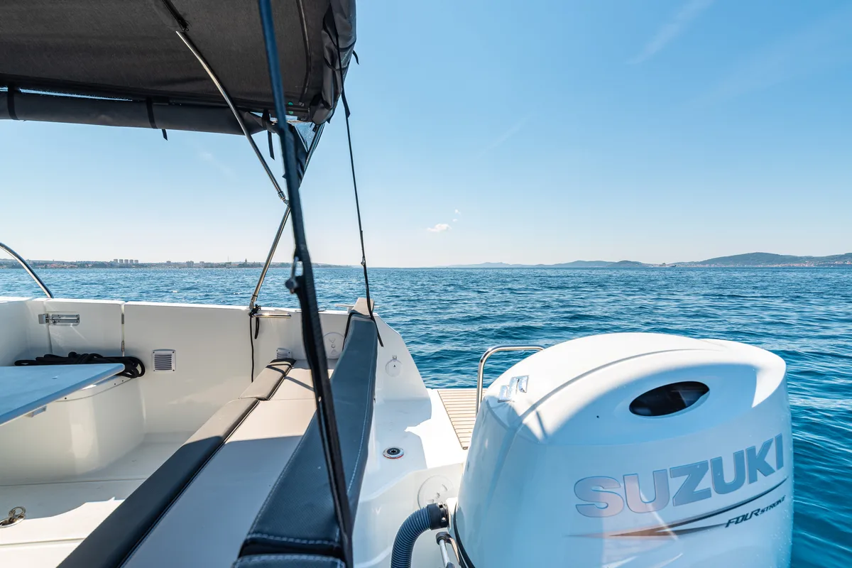Deck of Klapa, a Jeanneau Merry Fisher 795 motorboat at Municipality of Novigrad, Croatia