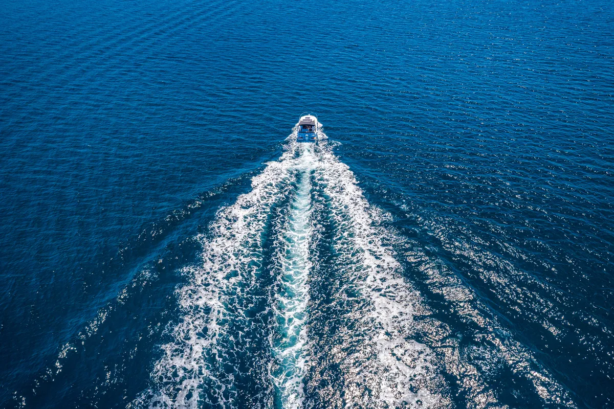 Exterior view of Klapa, a Jeanneau Merry Fisher 795 motorboat at Municipality of Novigrad, Croatia
