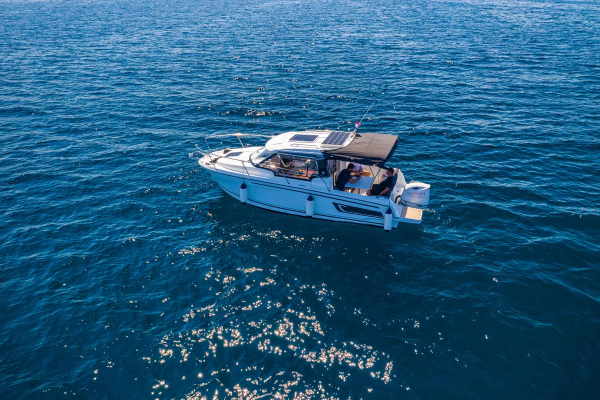 Exterior view of Klapa, a Jeanneau Merry Fisher 795 motorboat at Municipality of Novigrad, Croatia