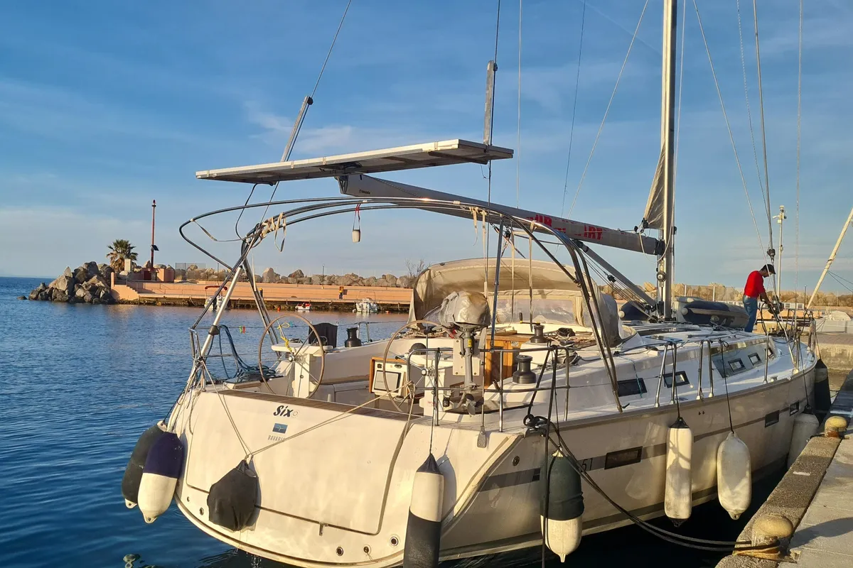 Exterior view of Six, a Bavaria Cruiser 51 sailboat at Tonnarella, Italy