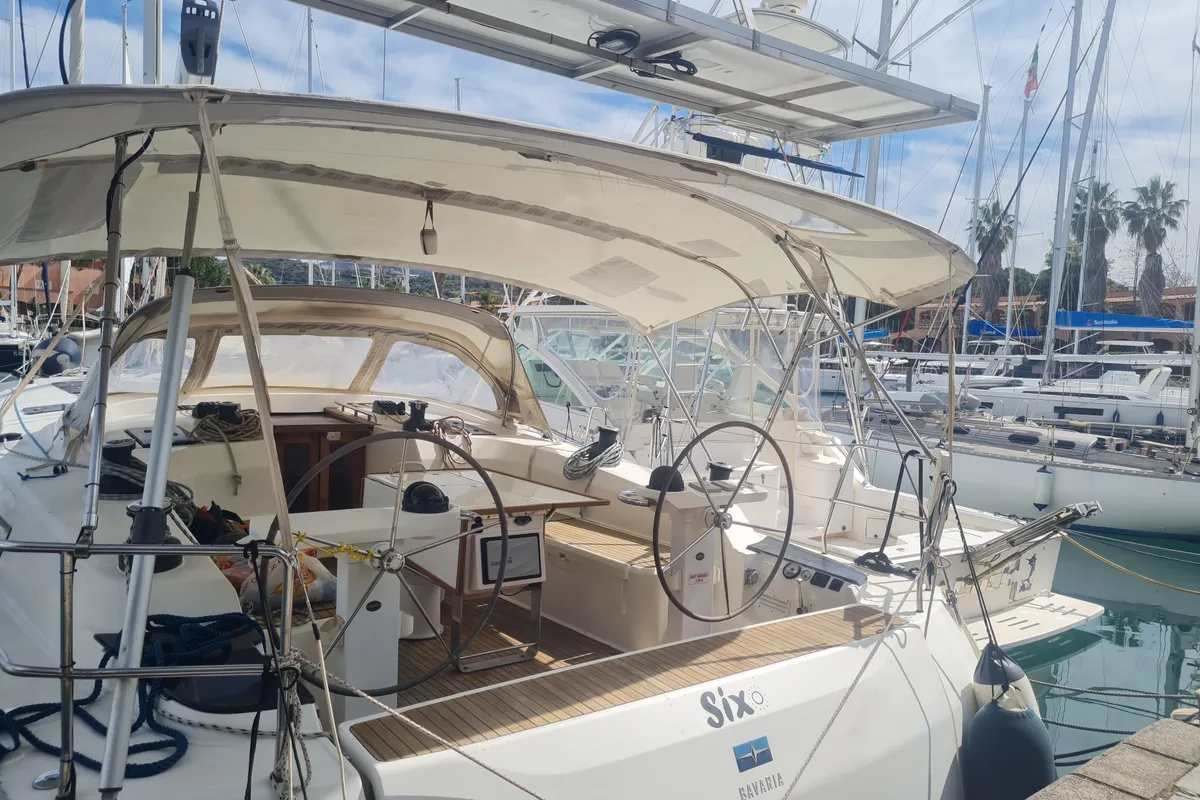 Cockpit of Six, a Bavaria Cruiser 51 sailboat at Tonnarella, Italy