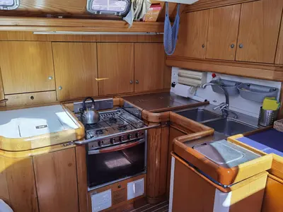 Galley of Sargantal Zulu, a Alubat Yachts Cigale 16 sailboat at Port d'Andratx, Spain