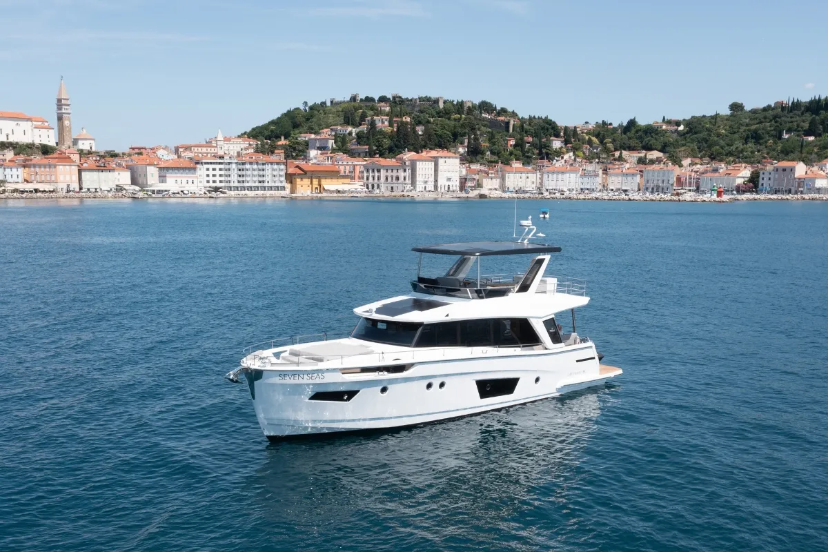 Exterior view of Seven Seas, a Greenline 58 Fly motor yacht at Pirovac, Croatia