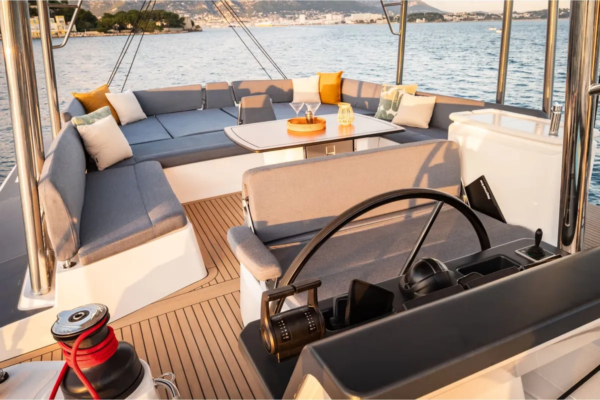 Cockpit of TBA, a Bali 5.2 catamaran at Municipal Unit of Lefkada, Greece