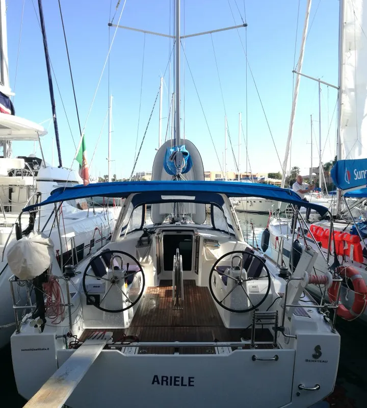 Cockpit of Ariele, a Beneteau Oceanis 38.1 sailboat at Tonnarella, Italy