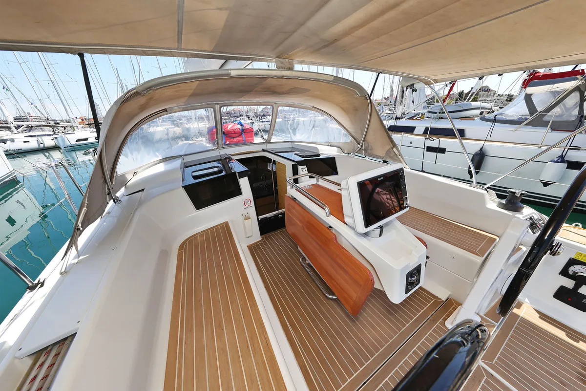 Cockpit of Brukus, a Hanse 388 sailboat at Grad Biograd na Moru, Croatia
