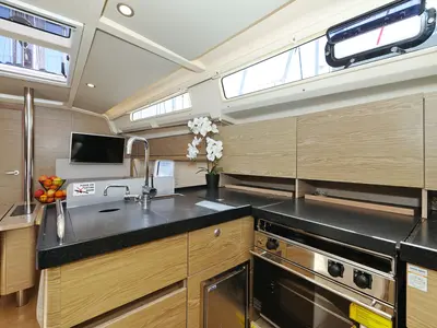 Galley of Brukus, a Hanse 388 sailboat at Grad Biograd na Moru, Croatia